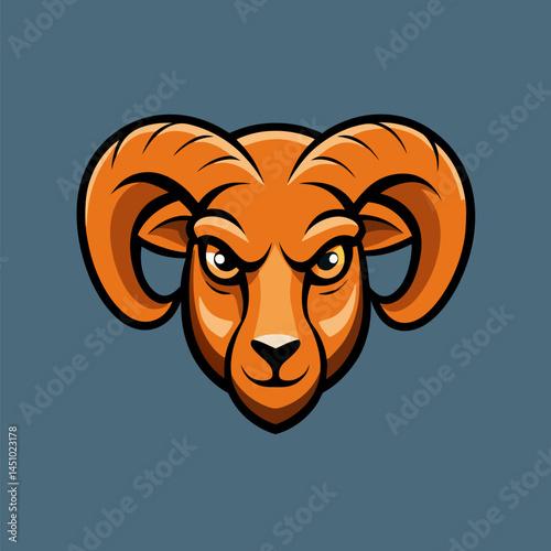 Ram Mascot with Focused Eyes: A formidable ram with a stern, focused gaze and prominent horns, embodies strength and determination against a serene backdrop.