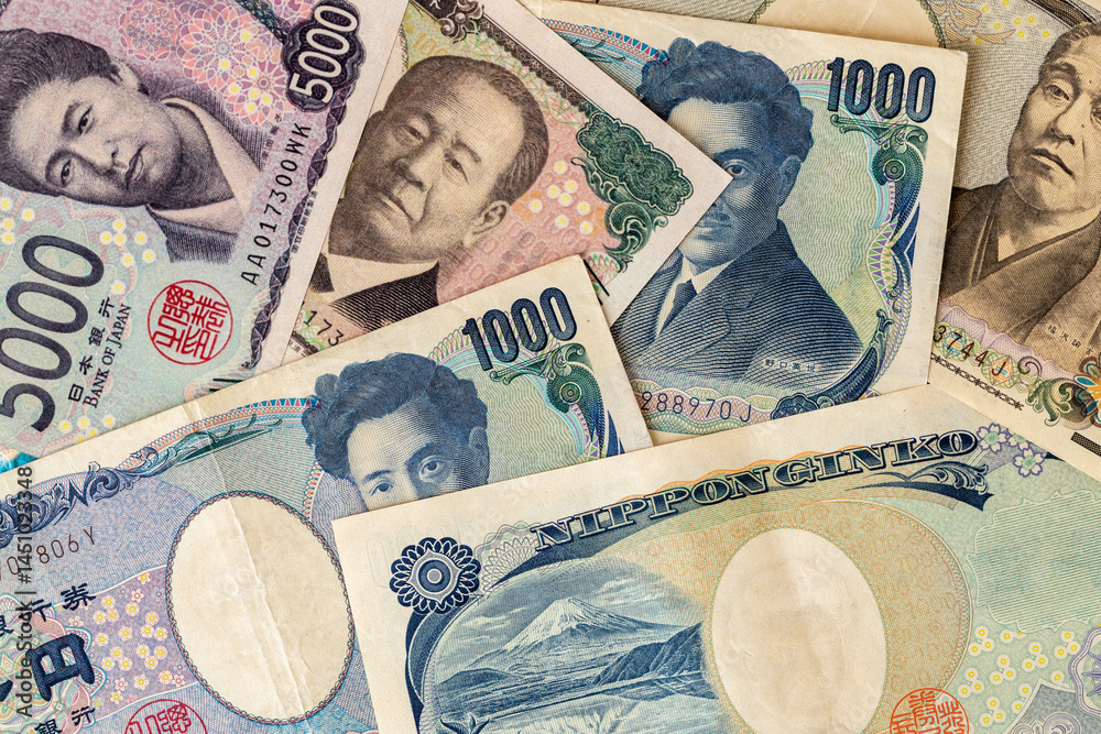 Japan money, business background. Financial concept. Japanese yen new and old, flat lay. close up