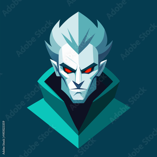 Vampire Portrait: A stern vampire portrait, rendered in a stylized art with sharp geometric lines. His piercing red eyes and cold expression evoke a sense of the uncanny and ominous.