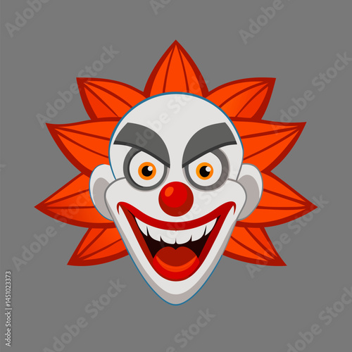 Creepy Clown Face: A sinister clown face with a wide, unsettling grin, orange hair, and piercing eyes.  The image evokes feelings of unease and is perfect for Halloween or horror-themed projects.