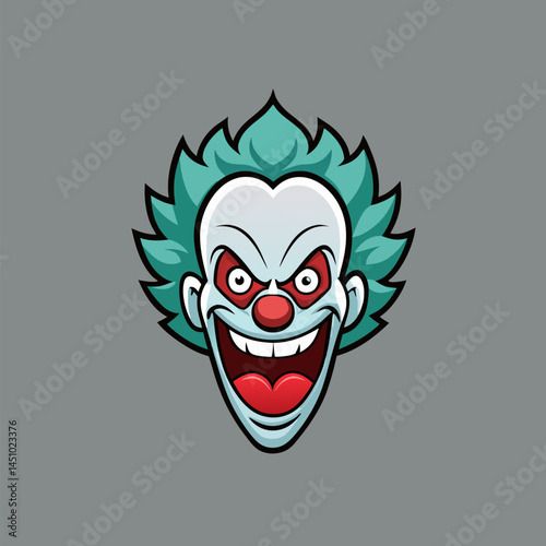 Creepy Clown Face: A close-up portrait of a sinister clown with a wide, toothy grin, a red nose, and a green hair, a face designed to inspire chills and intrigue.