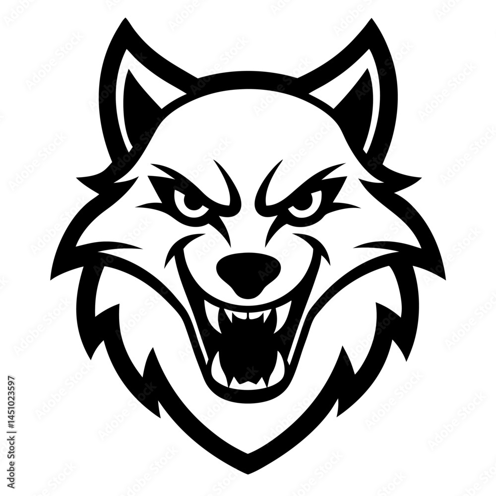 Fototapeta premium Intense Wolf Icon: A bold, minimalist illustration of a wolf's face, showcasing its fierce expression and sharp features, evoking the untamed spirit of the wild.