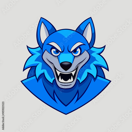 Blue Wolf Mascot: A fierce and energetic blue wolf mascot,  with a sharp stare and bared teeth, against a gray background, ideal for branding or gaming applications.