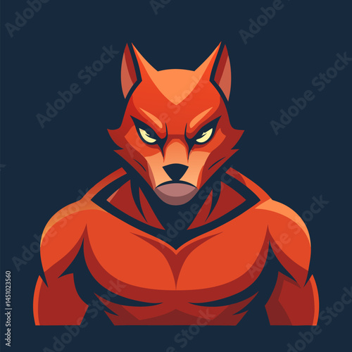 Red Fox Mascot Illustration: A powerful red fox mascot design for a gaming or sports team, showcasing fierce determination with a muscular build and menacing gaze, perfect for team identity.  