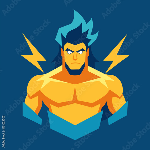 Divine Strength: The awe-inspiring embodiment of Zeus, his powerful form rendered in vivid illustration style against a striking blue backdrop, with dynamic lightning bolts.