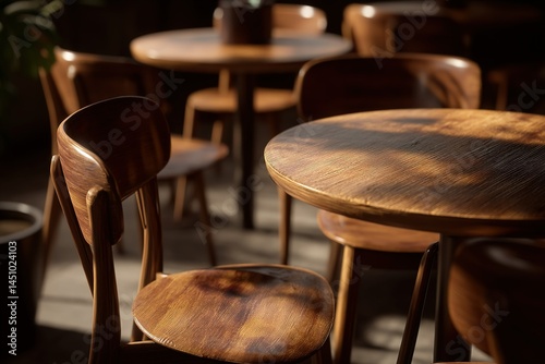 Warm wooden furniture creates a cozy atmosphere in a cafe during late afternoon sunlight