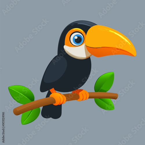 Toucan Perched: A vibrant toucan with its iconic oversized bill perches gracefully on a branch, presented against a simple backdrop that highlights its striking features.