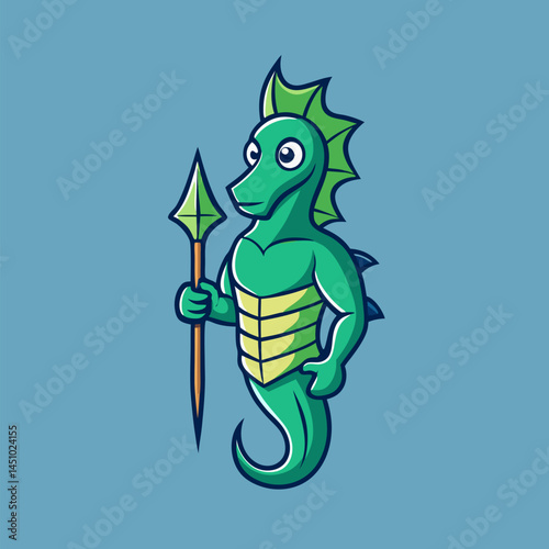 Cartoonish Seahorse Character: A whimsical and artistic illustration features a cartoon seahorse character holding a spear, showcasing a creative and imaginative design for various applications.