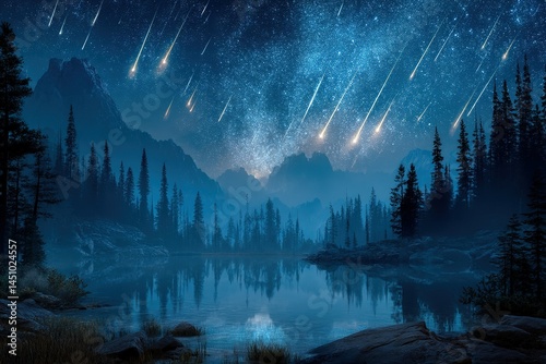 Night sky filled with shooting stars over tranquil lake and mountains in a serene wilderness landscape