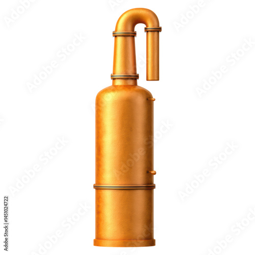 Vintage copper distillation apparatus for traditional spirit production in a rustic workshop setting, isolated on transparent background.