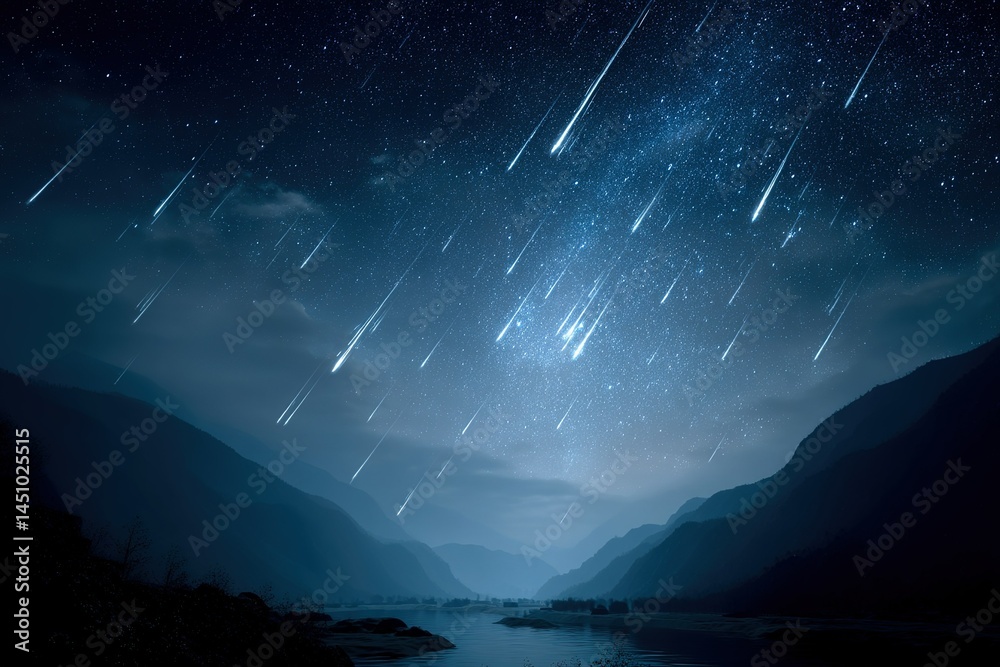 Night sky displays multiple shooting stars over tranquil mountain landscape by a peaceful lake