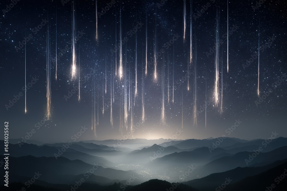 Stunning meteor shower illuminates the night sky over mountain landscape