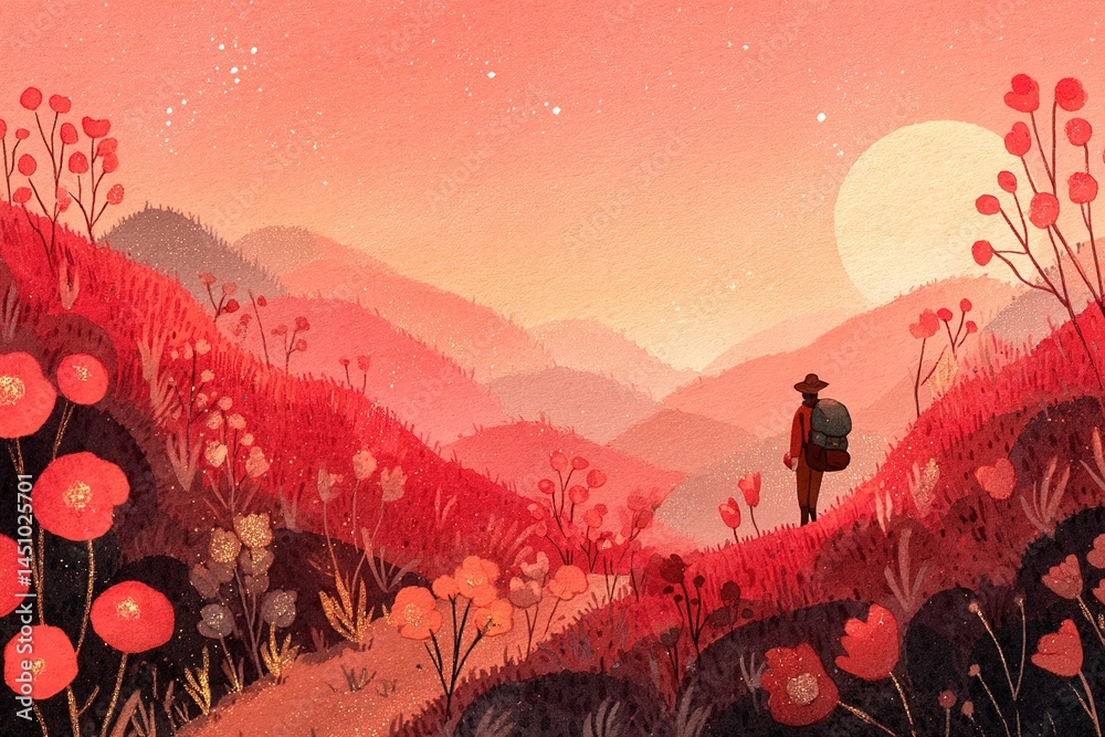Hiker explores vibrant pink hills during sunset in a tranquil landscape filled with flowers