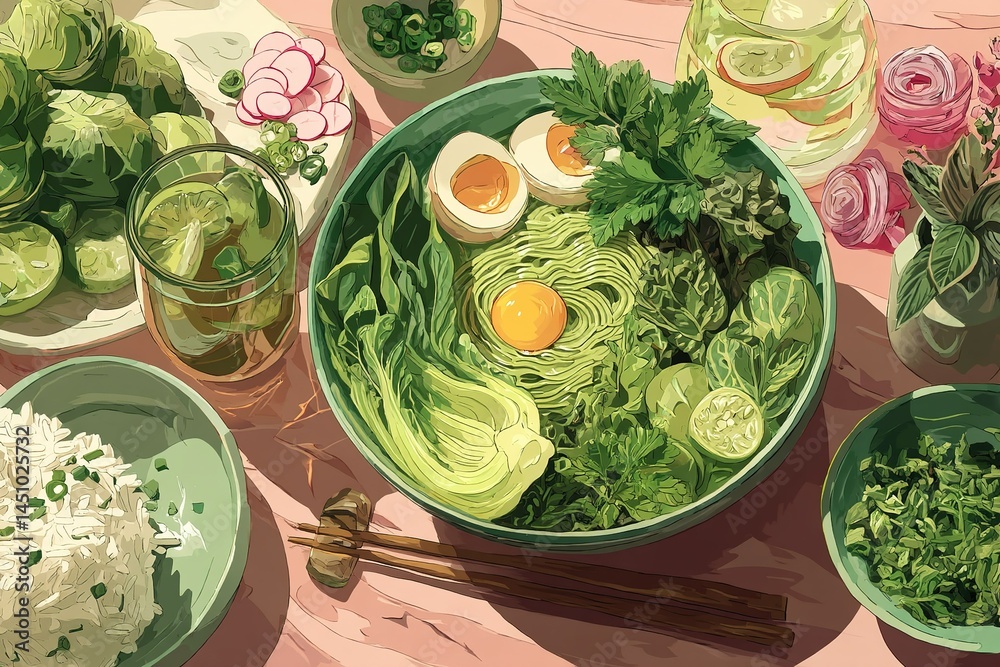 Fresh green vegetable spread with rice and eggs served on a pink table during lunch