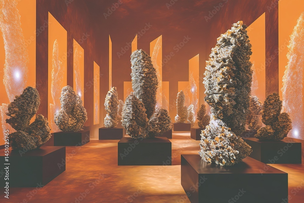 Creative art installation featuring unique sculptures in a vibrant gallery space illuminated by orange lights