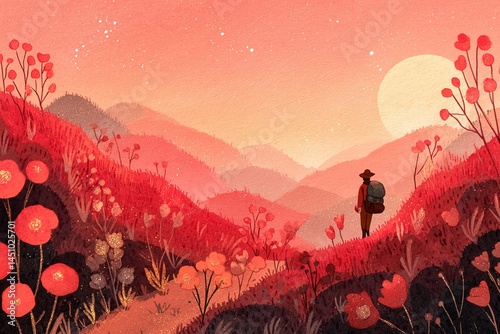 Obraz na płótnie Hiker explores vibrant pink hills during sunset in a tranquil landscape filled with flowers w salonie
