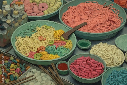 Colorful bowls of various candy and noodles in a vibrant market display at midday