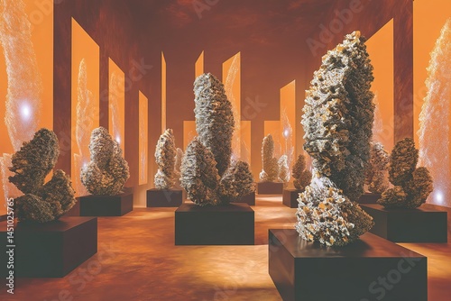 Obraz na płótnie Creative art installation featuring unique sculptures in a vibrant gallery space illuminated by orange lights w salonie