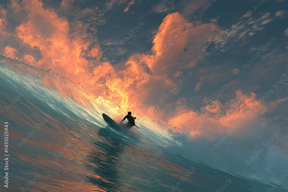 Surfer rides a large wave during a vibrant sunset at the beach