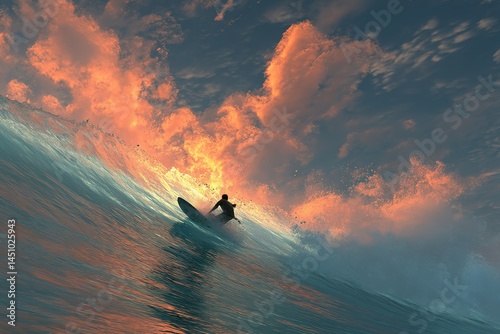 Obraz na płótnie Surfer rides a large wave during a vibrant sunset at the beach w salonie
