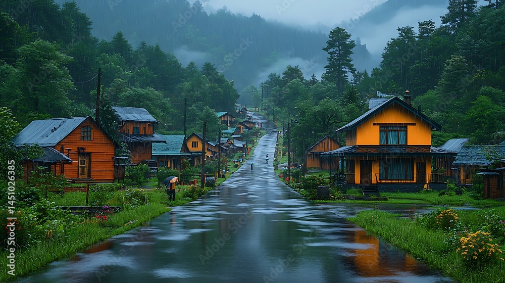 Obraz premium Rainy Day In A Mountain Village High Resolution Photo Rural Landscape