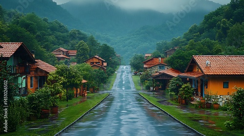 Rainy Day In A Quaint Mountain Village High Resolution Photo
