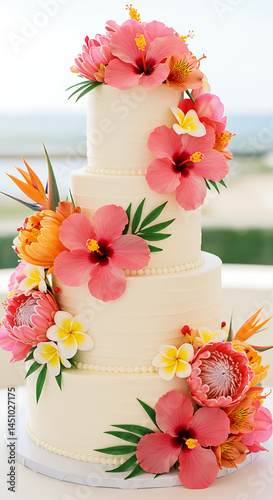 Elegant tiered cake adorned with vibrant tropical flowers, creating a visually stunning dessert masterpiece.