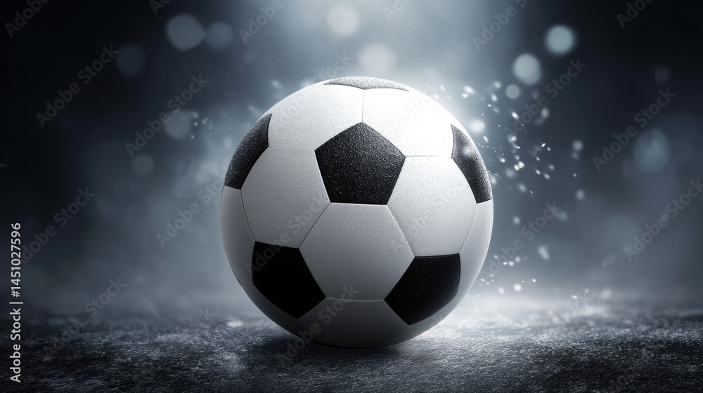 Fototapeta premium A dynamic soccer ball with classic black and white pattern is isolated against a moody, atmospheric backdrop with a textured surface and blurred bokeh effect.