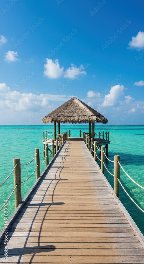Tropical Paradise: Stroll on Turquoise Waters Pier to Relaxation Under Thatched Roof Hut on Perfect Blue Sky Holiday Destination