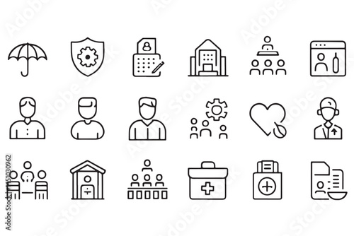 employee insurance including health, protection, umbrella, and more, perfect for HR and insurance related designs, icon set