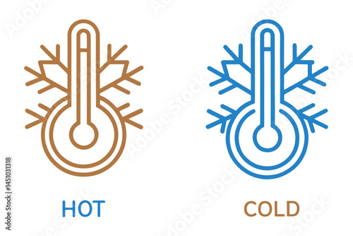 Outline vector icons of hot and cold temperature symbols including snowflake and thermometer, ideal for weather and climate designs, icon set