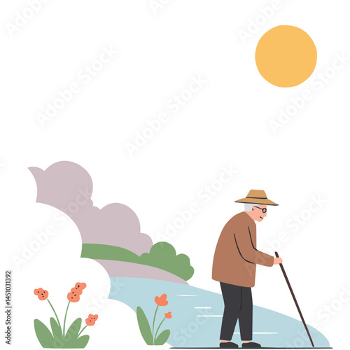 Elderly man near riverbank - silver-haired man contemplating by riverside, calm water reflects golden sunset rays, atmosphere of tranquility and wisdom.