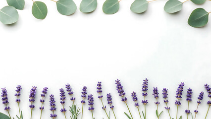 Lavender Stalks and Eucalyptus Leaves Frame, Clean Botanical Border Layout with Copy Space
