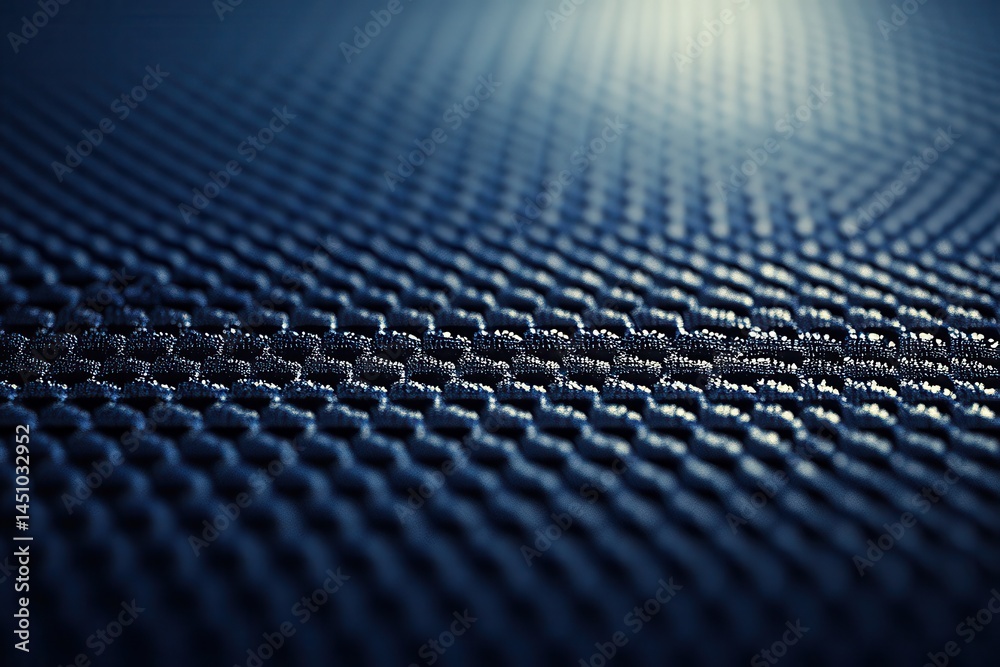 Close-up view of dark blue, textured, woven fabric.  Fine, repeating pattern of interconnected, hexagonal shapes.  Slight gradient towards a brighter area