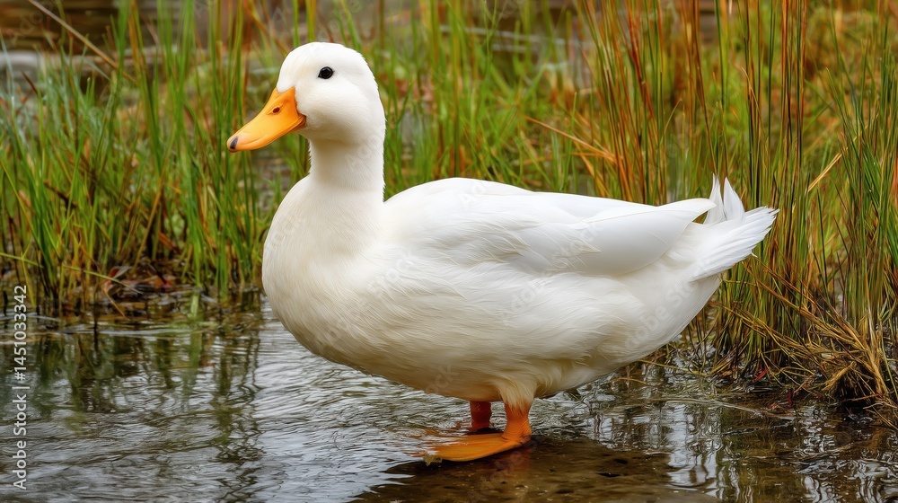 Fototapeta premium White beautiful duck stands in water in a small pond in the natural environment