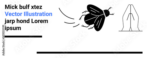 Flying insect with movement lines, hands clasped in focus beside minimal text and horizontal bars. Ideal for motion, action, nature, simplicity, environment, dialogue, simple landing page