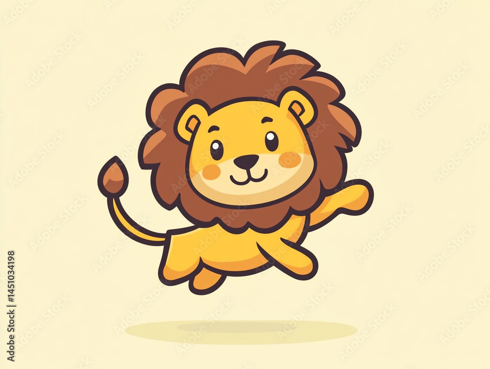 A cute cartoon lion is jumping with a simple drawing style and flat design illustration. The background is light yellow, and the lion has an adorable face with large eyes, giving it a friendly appeara