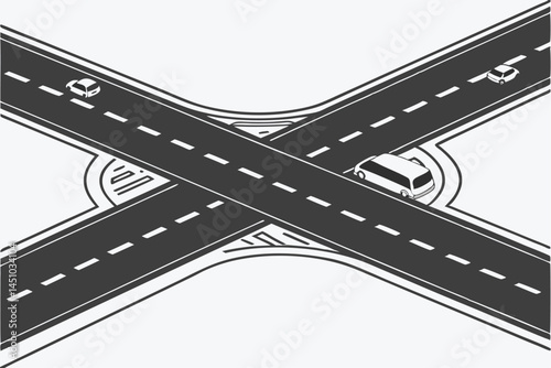  Roads converging, aerial view, highway intersection, fork in the road, multiple lanes, white road markings, asphalt texture, geometric patterns, minimalist design, black and white, high contrast