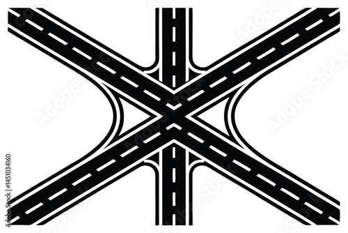  Roads converging, aerial view, highway intersection, fork in the road, multiple lanes, white road markings, asphalt texture, geometric patterns, minimalist design, black and white, high contrast