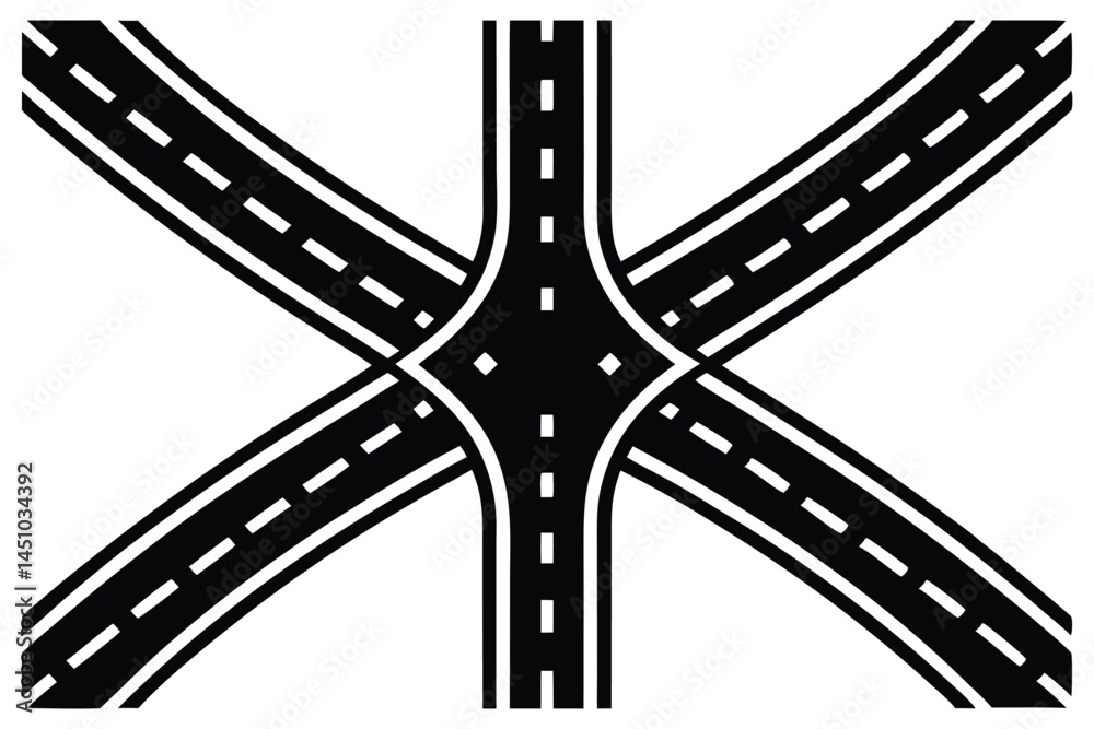 Naklejka premium Roads converging, aerial view, highway intersection, fork in the road, multiple lanes, white road markings, asphalt texture, geometric patterns, minimalist design, black and white, high contrast