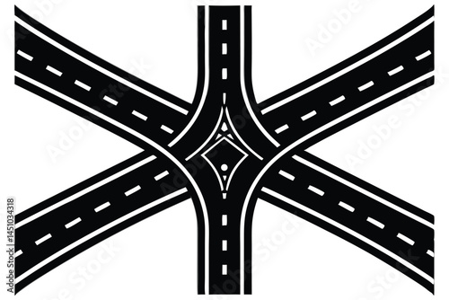  Roads converging, aerial view, highway intersection, fork in the road, multiple lanes, white road markings, asphalt texture, geometric patterns, minimalist design, black and white, high contrast