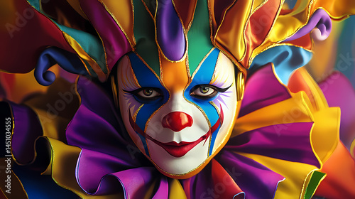 Colorful harlequin mask playful trickster costume and festival traditions. [Electric Myths] | Plasma Satyrs | lively tricksters. Illustration photo