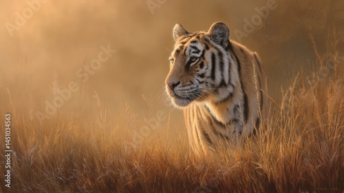 A majestic tiger gazes intently through the tall grass bathed in golden light. The tiger's stripes and piercing eyes command attention
