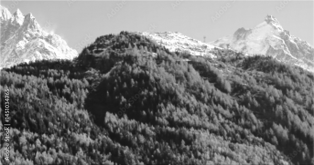 Abstract black forest and mountain dotted halftone vector background. Monochrome landscape in geometric half tone circles textured illustration for nature banner, Alps texture surface design Abstract black forest and mountain dotted halftone vector background. Monochrome landscape in geometric half tone circles textured illustration for nature banner, Alps texture surface design