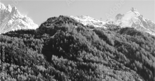 Abstract black forest and mountain dotted halftone vector background. Monochrome landscape in geometric half tone circles textured illustration for nature banner, Alps texture surface design