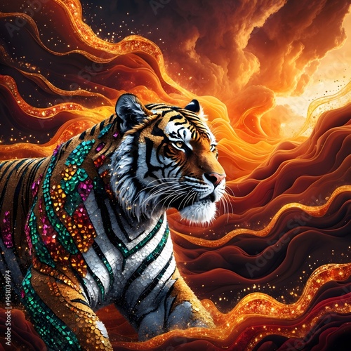 Wallpaper Mural Emerging from a blaze of colors, the mosaic Tiger strides confidently, its gemstone form reflecting the fearless heart of a natural leader. Torontodigital.ca