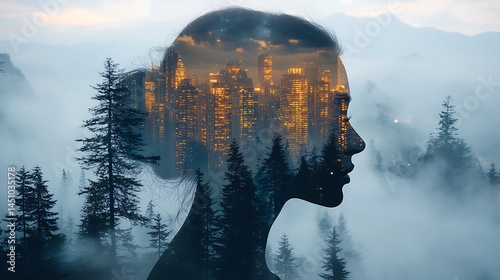 Woman's profile, city lights within, misty forest backdrop