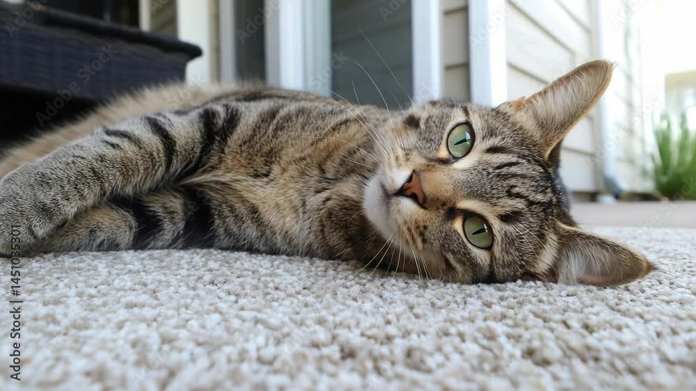 Relaxed tabby cat lounging on textured carpet with bright green eyes and striped fur in natural outdoor setting on porch