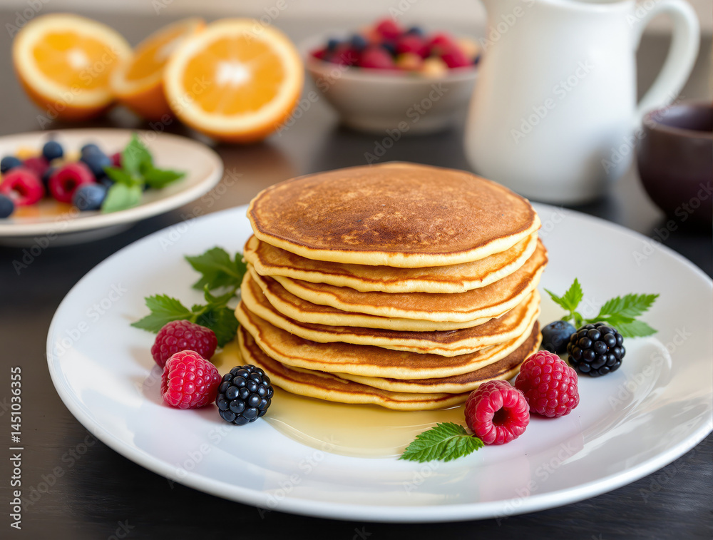stack of golden pancakes with fresh berries and honey stack of golden pancakes with fresh berries and honey