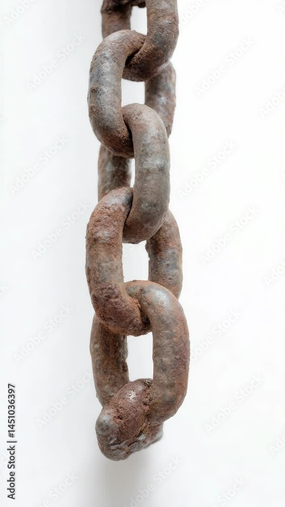 Macro shot of a weathered and rusty chain composed of interconnected links isolated against a white background showing age and strength Macro shot of a weathered and rusty chain composed of interconnected links isolated against a white background showing age and strength